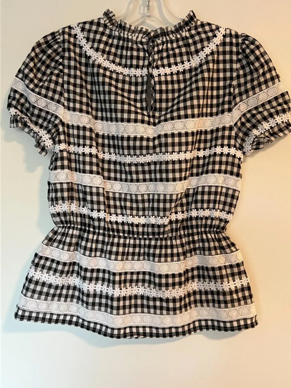 J.Crew Gingham Lace Trim Peplum Top Black & White XXS